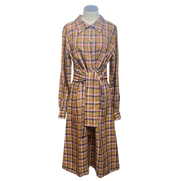 Gestuz Womens Tan Plaid Tie Waist AcieGZ Town & Country Half Button Dress Sz 40 - Picture 1 of 12